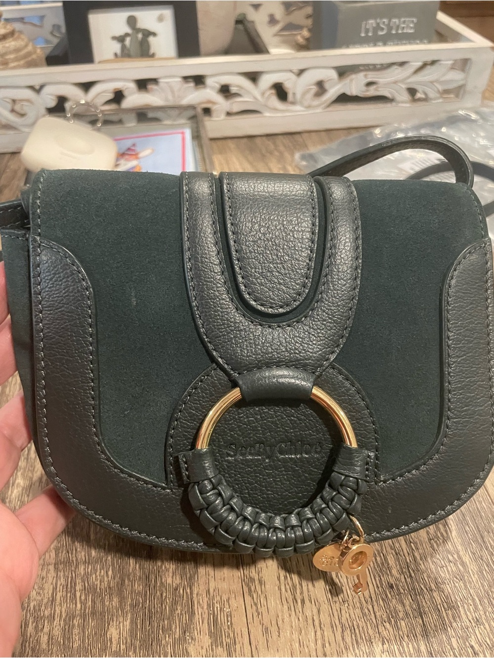 See By Chloe Forest Green Leather & Suede Crossbody Bag with Braided Ring